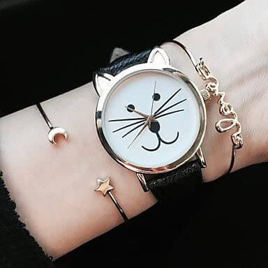 Fenkoo - Reloj de pulsera, para mujer, correa de piel sintética, diseño con forma de gato