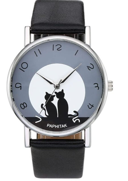 Reloj de pulsera analógico, gato, cuarzo, aleación, color negro