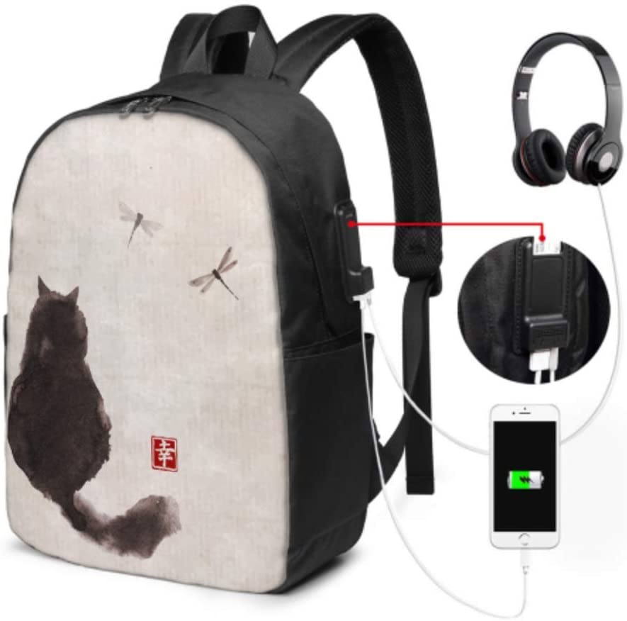 Mochila para computadora portátil para Mujer Gato Mullido Negro Que vigila a Las libélulas