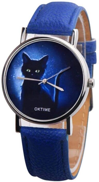 Ogquaton Reloj de pulsera de cuarzo para mujer, diseño de gato negro, esfera redonda