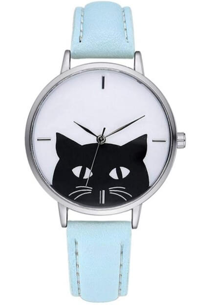 Reloj de pulsera informal para mujer, diseño de gato con esfera plateada