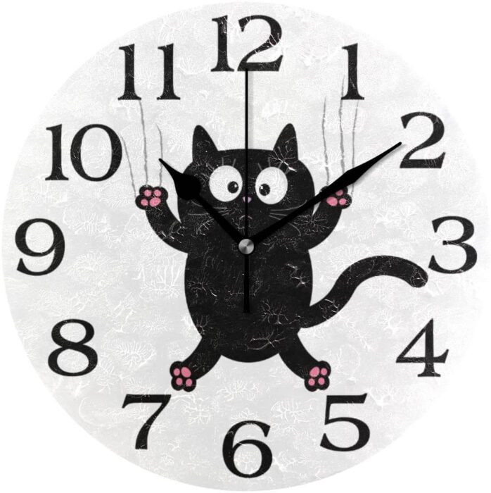 Reloj de Pared con diseño de Gato Negro silencioso, Redondo, silencioso