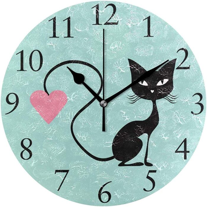 Reloj de Pared de Gato Negro con Corazones Reloj de Pared Redondo