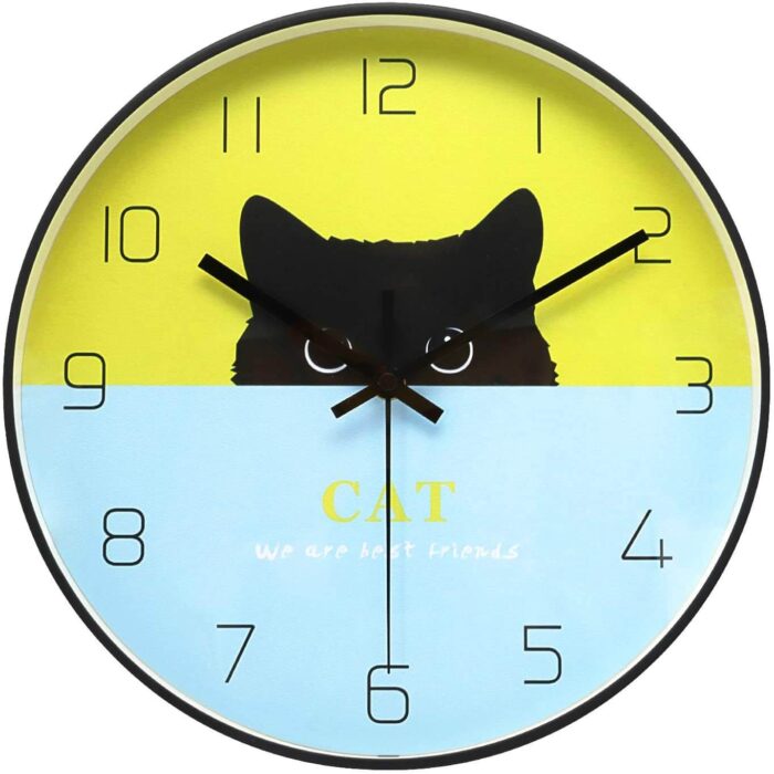 ufengke Reloj de Pared Silencioso de Gato Negro Reloj Quartz de Metal Estilo para Oficina
