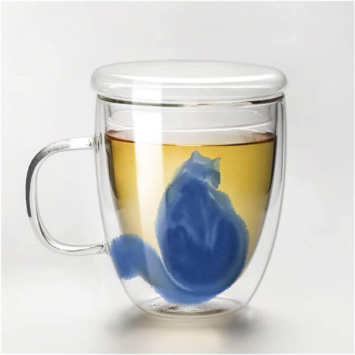 Taza linda del gato for café o té con tapa única de 12.5 oz tazas de vidrio de doble​